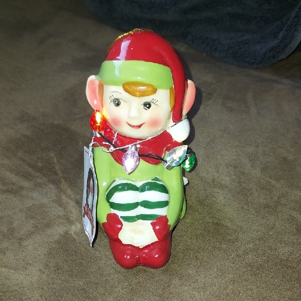 Mr Christmas Ceramic Knee Hugger Elf Light-Up Ornament Figurine 5 1/2 " - Picture 1 of 4
